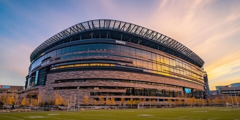 Fototapeta premium A modern stadium captured at sunset, showcasing its architectural design and surrounding landscape.