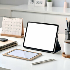 "A tablet with a blank white screen, placed on a modern desk alongside stylish office accessories."
