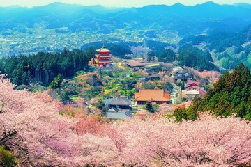 Cherry Blossom Festival at Yoshinoyama with Pagoda and Green Hills in Spring