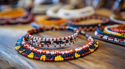 Close-up of a colorful Swazi beadwork necklace on a blurred jewelry background