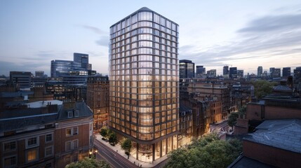 Fototapeta premium Modern high-rise building in an urban setting at dusk, showcasing sleek architecture.