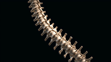 detailed 3D rendering of human spine showcasing skeletal anatomy against dark background. image highlights vertebrae structure and curvature, emphasizing anatomical precision
