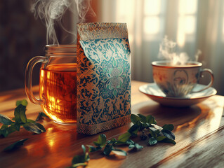 Elegant Turkish Asian organic tea pouch with an intricate design, placed on a wooden table next to a steaming cup of tea and fresh herbs. International tea day. Afternoon Tea week. Hot drinks. 