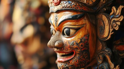 Fototapeta premium Intricate carvings and painted accents enhance this Javanese wooden mask's beauty