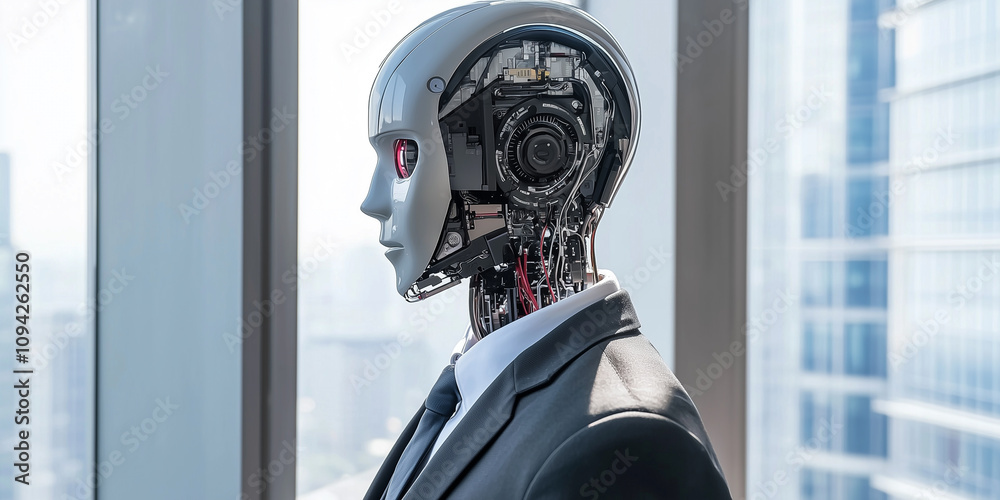 Poster humanoid robot in formal suit stands by window, showcasing advanced technology and futuristic design