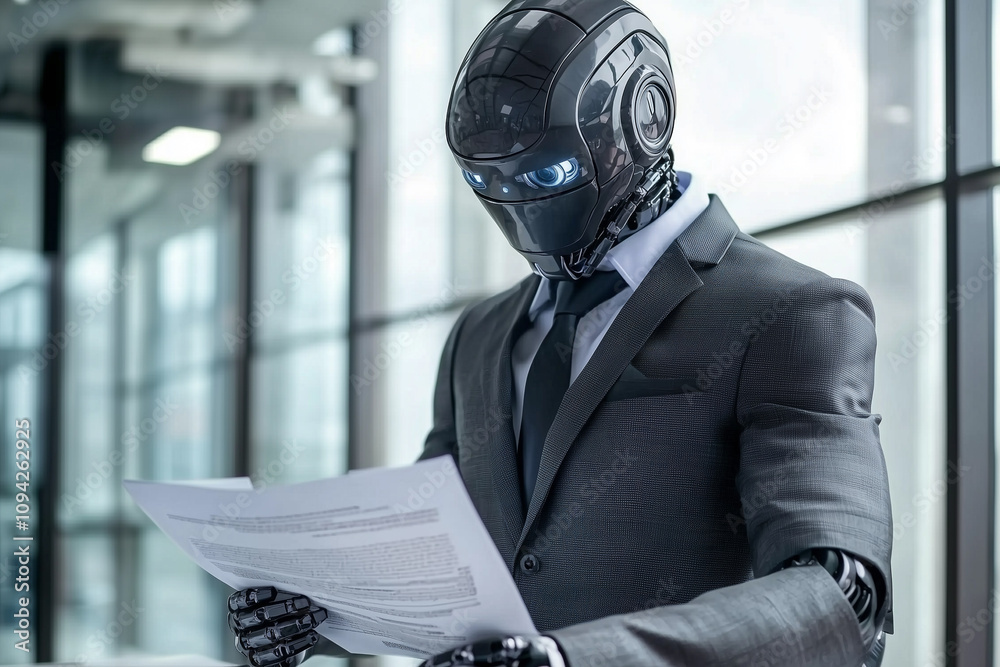 Poster humanoid robot in stylish suit reviews documents in modern office setting, showcasing advanced techn