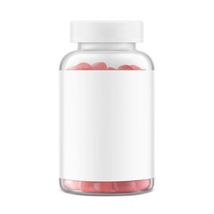 Clear eye-catching pill bottle with label mockup for supplements, vitamins, gummies. Vector illustration isolated on white backgrounds. Mockup is ideal for health projects. EPS10.