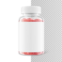 Clear eye-catching pill bottle with label mockup for supplements, vitamins, gummies. Vector illustration isolated on white and transparent backgrounds. Mockup is ideal for health projects. EPS10.