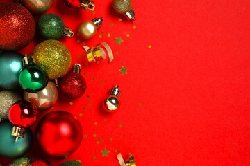 Festive Christmas background with various decorations, balls and confetti