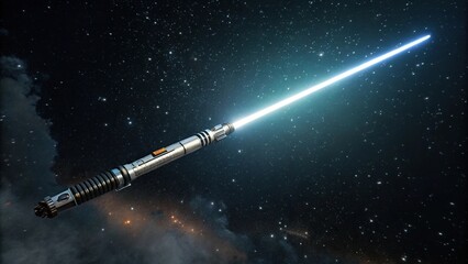 Fototapeta premium A single isolated light saber hovers in mid-air against a dark background with subtle starry night effects, effect, isolation, abstract, glow