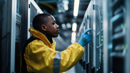 An IT professional meticulously examines server racks during a security inspection in a clean data center equipped with cool industrial lighting, showcasing professional focus and expertise