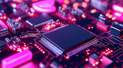 Digital Blueprint Microchip, Blend of Microchip Design and Blueprint Schematics with Bright Neon Highlights against Dark Backdrop