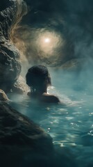 Fototapeta premium Serene escape: woman relaxing in a mystical cave pool