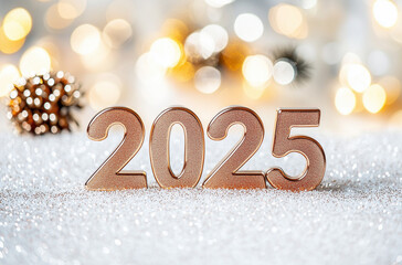 Elegant Festive Photograph Featuring Happy New Year "2025" in Copper with Glitter and Bokeh Lights