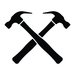 Two crossed hammers vector icon. Working tools sign. Two crossed claw hammer black silhouette. Logo element isolated on white background.
