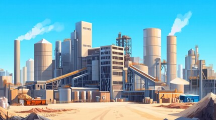 A modern industrial complex with silos, conveyors, and smokestacks against a clear blue sky.