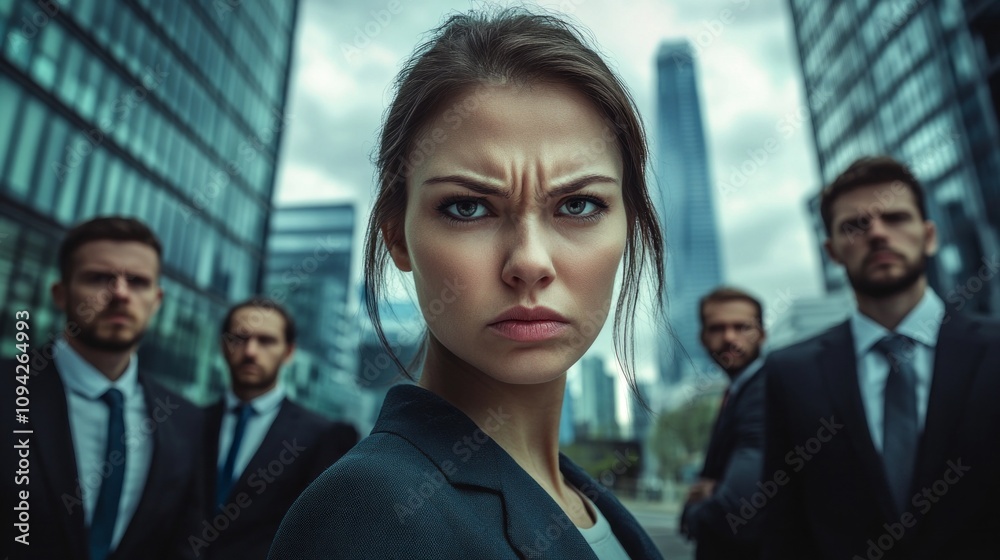 Aufkleber a woman with a serious expression stands in front of a group of men in suits