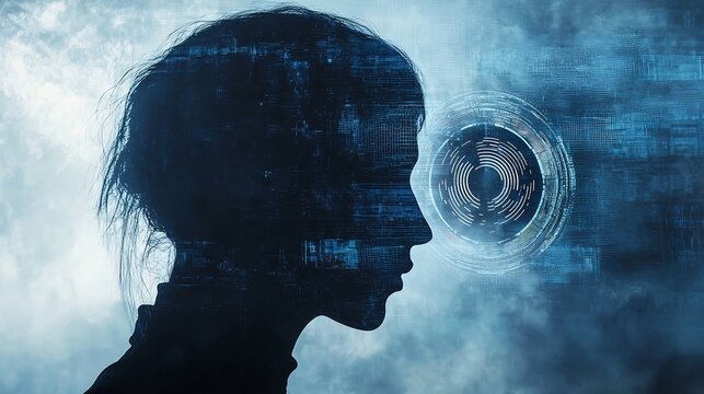Electronic Safety, Enigmatic Silhouette Merges with Facial Recognition Emblem,Captivating Surreal Digital Art