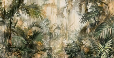 Obraz premium tropical leaves and palm fronds vintage illustration with textured background photo wallpaper