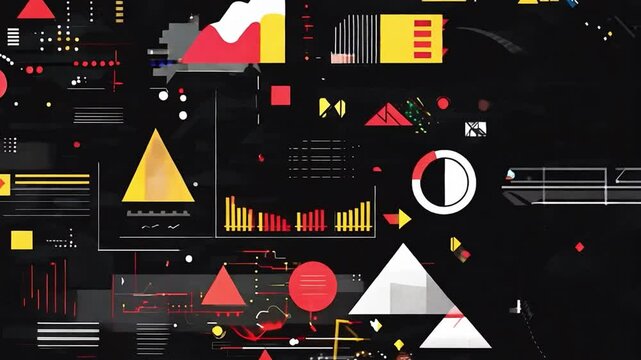 Abstract Geometric Pattern with Red, Yellow, and White Shapes on Black Background