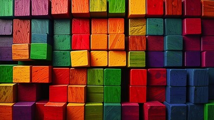 Rainbow Geometry A Vibrant 3D Wooden Cube Panorama