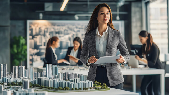 In a modern office, a female urban planning director presents a city development strategy as her team interacts with 3D models, showcasing innovative ideas
