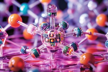 Fototapeta premium Abstract colorful molecular structure model with vibrant spheres and translucent rods on a pink surface.