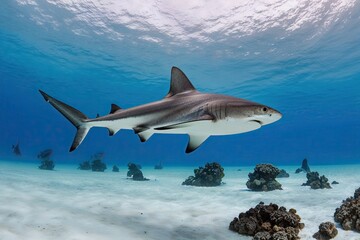 Naklejka premium An Elegant Hammerhead Shark Swimming Swiftly in a Serene White World