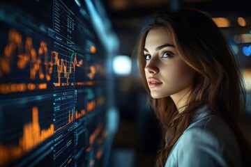 Young Businesswoman in High-Tech Control Room Analyzing Financial Data Charts