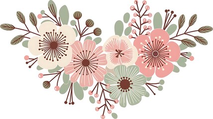 Decorative Floral Arrangement with Pastel-Colored Flowers in Cream, Peach, Light Green, and Coral, Surrounded by Delicate Leafy Branches and Earthy Accents