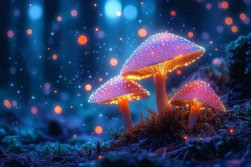 Glowing Mushrooms in Enchanted Forest Bioluminescence Fantasy Macro Night Light