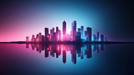 Fototapeta premium A vibrant cityscape shimmers with a kaleidoscope of lights as night descends, skyscrapers glowing against the dark sky, reflected in the rippling waters of a river below.