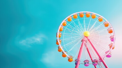 Fototapeta premium A Ferris wheel stands tall against the night sky, its brightly colored lights painting the darkness, while the city lights twinkle below.