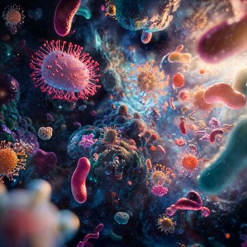 salud y bienestar digestivo. Ilustraci&oacute;n en 3D de diversidad de microorganismos observados por un microscopio