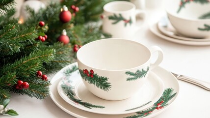 Fototapeta premium Close-up of festive Christmas holiday tableware set for a joyful family reunion celebration.