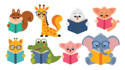 Obraz premium set of cute cartoon animals and birds reading books ,vector illustration 