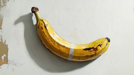  A close-up of a banana duct-taped to a white wall, with reflections of bidders holding cryptocurrency symbols instead of paddles, creating a modern art auction ambiance.