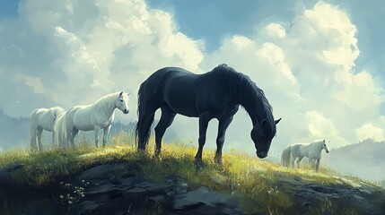 A serene landscape featuring majestic horses grazing under a blue sky with fluffy clouds.