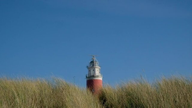 Texel, De Koog, Netherlands, A beautifully picturesque lighthouse peeking through the tall grass against a bright clear blue sky overhead