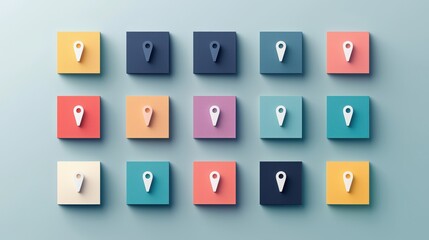 A set of colorful location pin icons in various hues, each with a subtle gradient and a clean, modern design.
