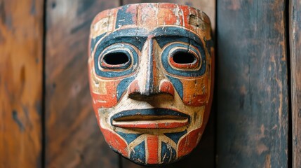 A Chilean mask showcases traditional craftsmanship against rustic wood