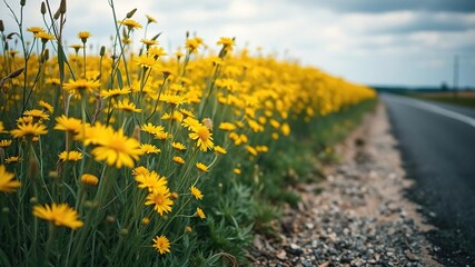 Obraz premium A picturesque field of bright yellow cornflowers lining the edge of a rural road, countryside, bloom