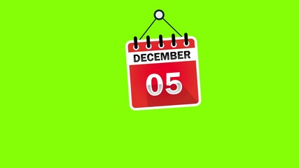 December 05 Calendar Sign on green screen background, chroma key. Calendar Pendulu Animation - December 05. 4k graphic motion