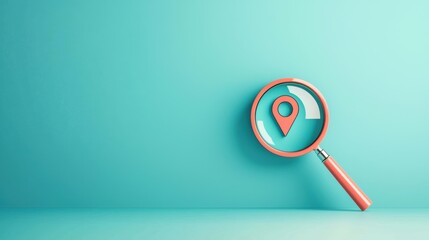 A classic magnifying glass icon with a location pin positioned at the center of the lens, symbolizing the act of searching for a specific location or address.