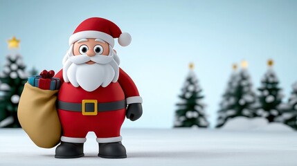 Obraz premium A friendly, cartoon Santa Claus figure stands in a snowy landscape, holding a gift-filled sack.