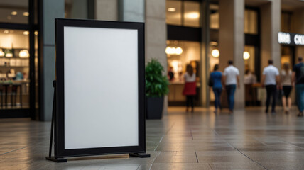 Blank white mockup of a sign in a busy shopping center.Blank promotional pole template to showcase your business or advertisement.