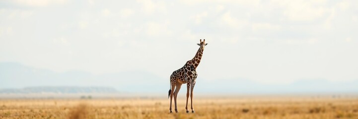 Obraz premium Giraffe standing alone in a vast open space with blurred background, landscape, natural scenery