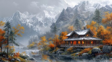 Obraz premium A cabin is situated in front of a mountain range. The cabin is surrounded by trees and a lake. The sky is cloudy and the mountains are covered in snow. The scene is peaceful and serene
