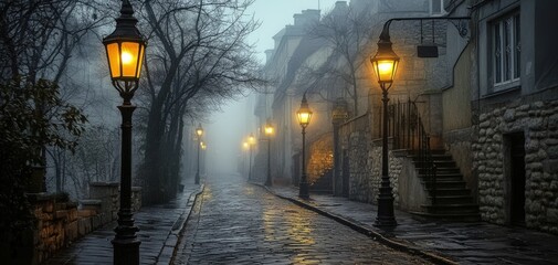 Fototapeta premium A foggy street illuminated by vintage lamps creates a mysterious atmosphere, inviting exploration and adventure.