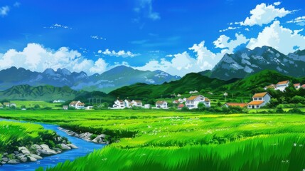 Cartoon Idyll: A Visual Symphony of Blue Skies, Green Fields, and White Houses Amidst Mountains and Rivers